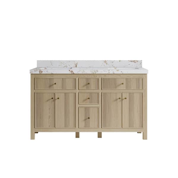 Willow Collections Sonoma Oak 60 in. W x 22 in. D x 36 in. H Double Sink Bath Vanity in White Oak with 2" Viola Gold Qt. Top