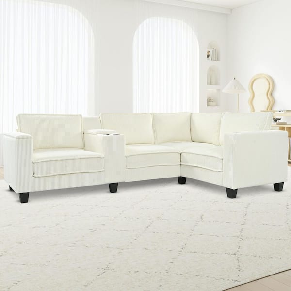 Nerita 105.5 in. Corduroy L-Shaped Sectional Sofa in. Beige+Black with Storage Armrests, USB Charging, Cup Holders