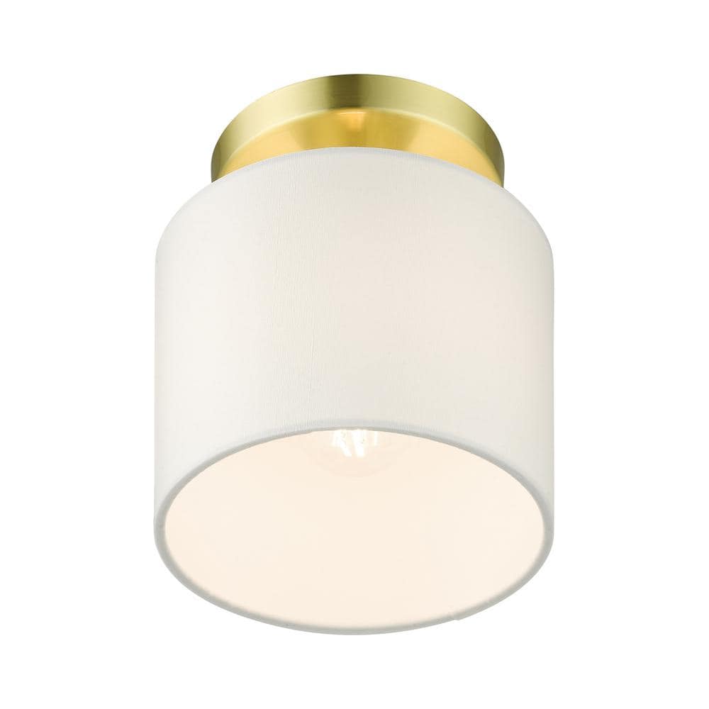 Meridian Petite Satin Brass Semi-Flush Mount with Off-White Drum Shade