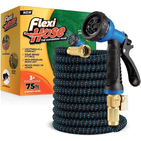 Unbranded Flexi Hose 3/4 in x 75 ft. with 8 Function Nozzle Expandable Garden Hose, Lightweight & No-Kink Flexible, Blue/Black