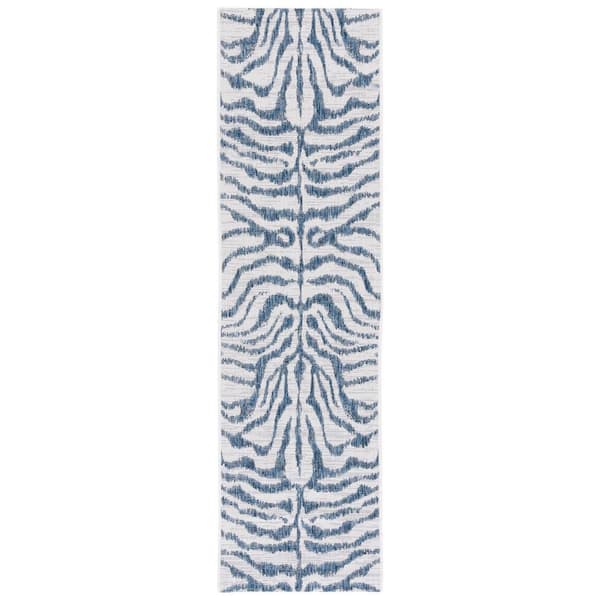 Courtyard Ivory/Navy 2 ft. x 8 ft. Zebra Indoor/Outdoor Runner Rug