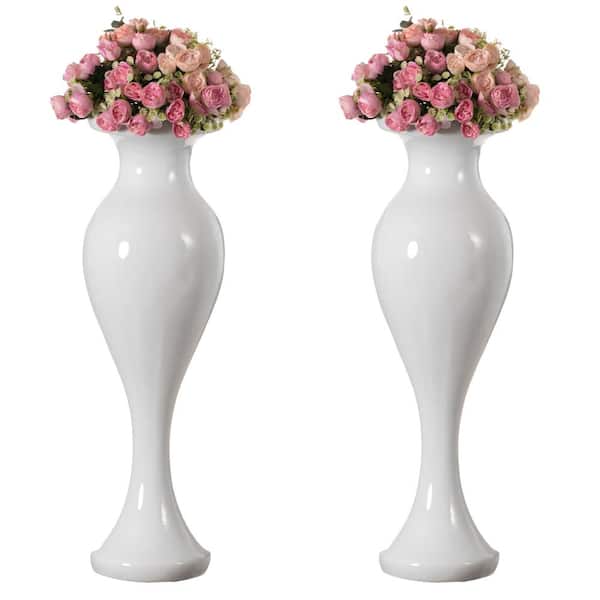 Uniquewise Set of 2 Large White Trumpet Design Modern Flower 32 in. Tall Floor Vase - Contemporary Home Decor Accent