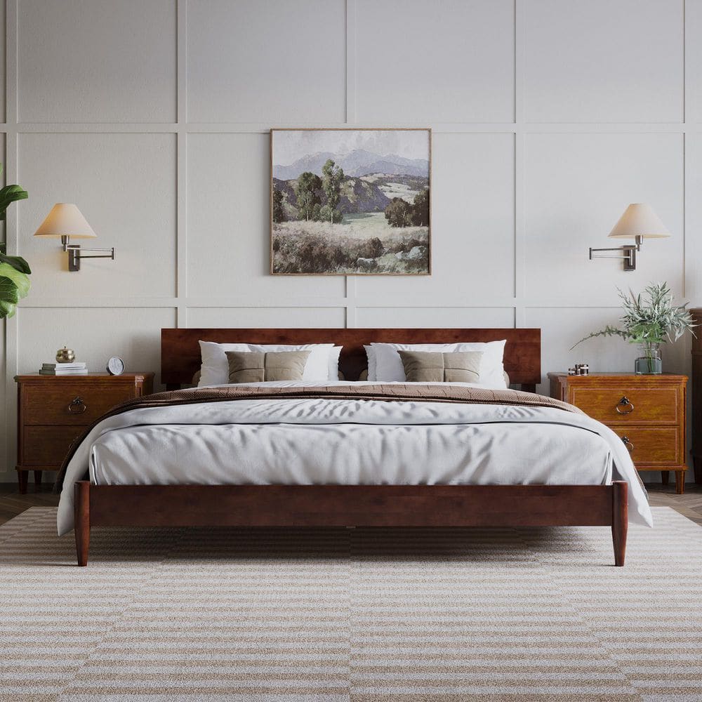 Aria King Walnut Wood Low Profile Platform Bed with Headboard