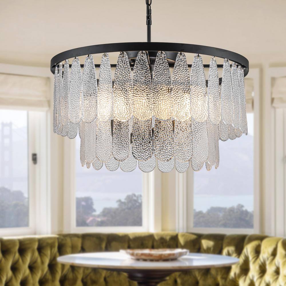 24 in. 6-Light Vintage Textured Glass Round Chandelier in Matte Black Rusti