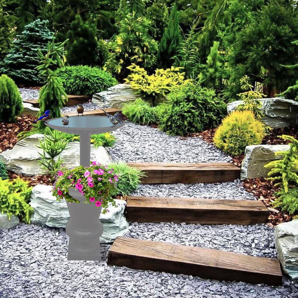 Ornate Gray Cast Aluminum Bird Bath with Planter Vase