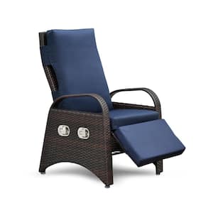 Brown 1-Piece Wicker Outdoor Recliner Chair with Cushion Guard Navy Blue Cushion, Ergonomic for Sunbathing or Relaxation
