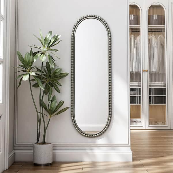 Silver 15.75 in. W x 47.25 in. H Art Deco Oval Iron Framed Mirror Wall Mirror Wall Decor Mirror