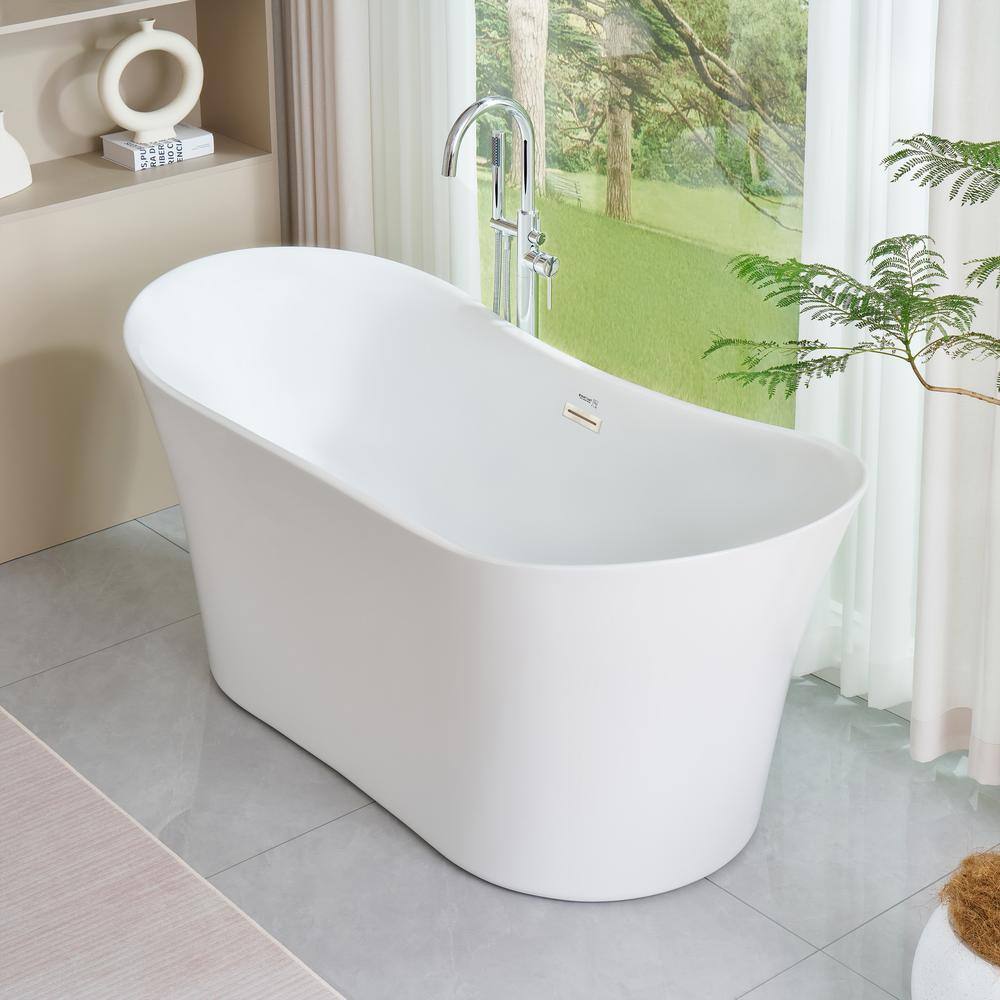 67" White Acrylic Freestanding Soaking Bathtub with Brushed Nickel Trim