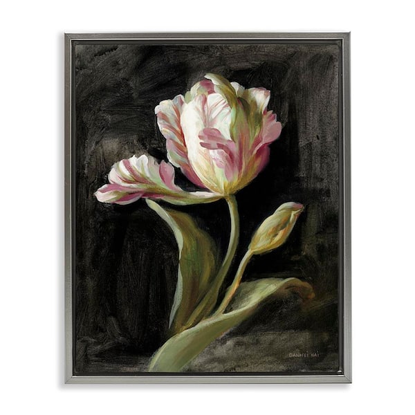 Stupell Industries Tulip on Black by Danhui Nai Gray Floater Frame Nature Graphic Art Print 31 in. x 25 in.