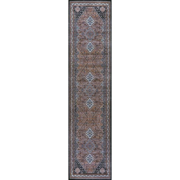Dalyan Geometric Medallions Machine-Washable Brown/Blue/Gray 2 ft. x 8 ft. Runner Rug