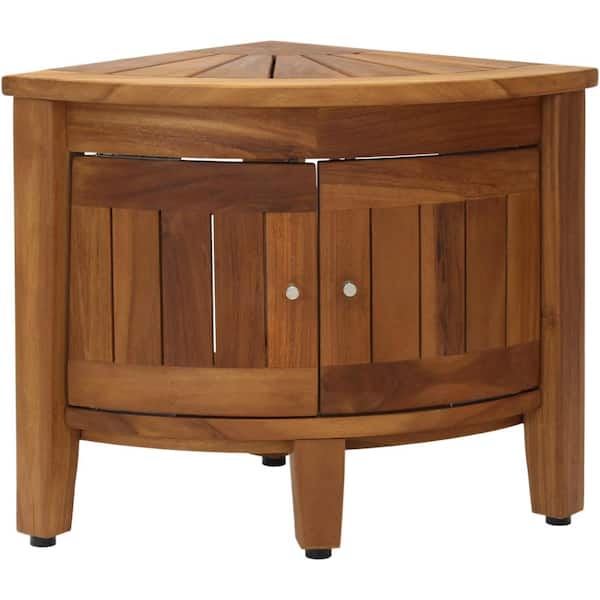 15.5 in. Kai Corner Teak Shower Bench with Shelf and Front-Facing Doors