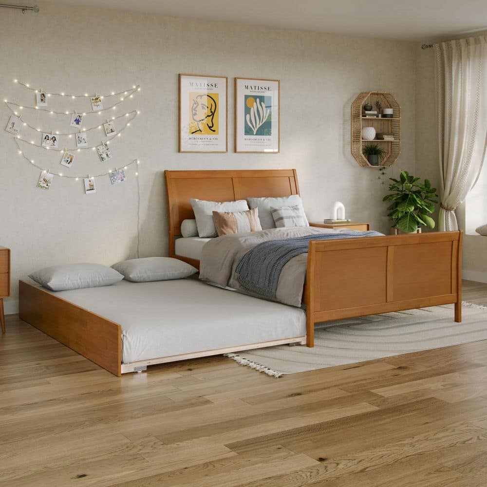 Portland Light Toffee Natural Bronze Solid Wood Full Platform Bed Frame with Matching Footboard and Full Trundle