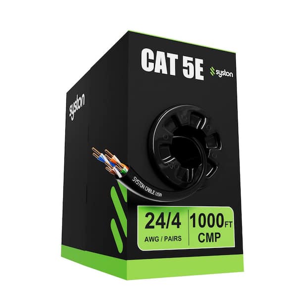 1000 ft. Black Cat5e CMP(Plenum Rated) 350 MHz 24 AWG Solid Bare Copper Ethernet Network Wire Data Cable - Bulk No Ends
