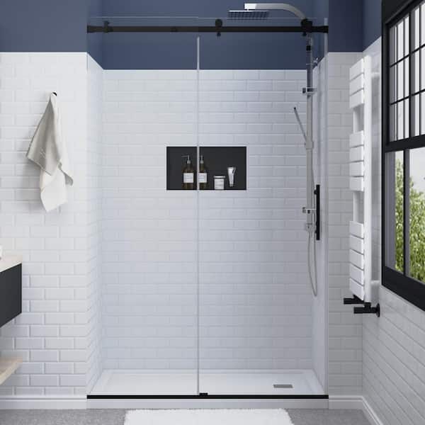 FELYL 48 in. W x 76 in. H Sliding Frameless Shower Door in Black Finish with Clear Glass