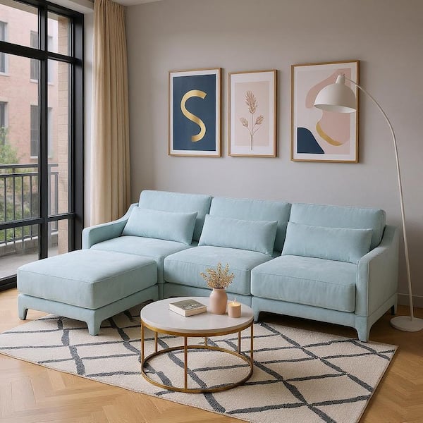 XGMDZB 61 in. Straight Arm 4-Piece Chenille Modular Sectional Sofa with Comfort and 3-Seater and Ottoman in Powder Blue