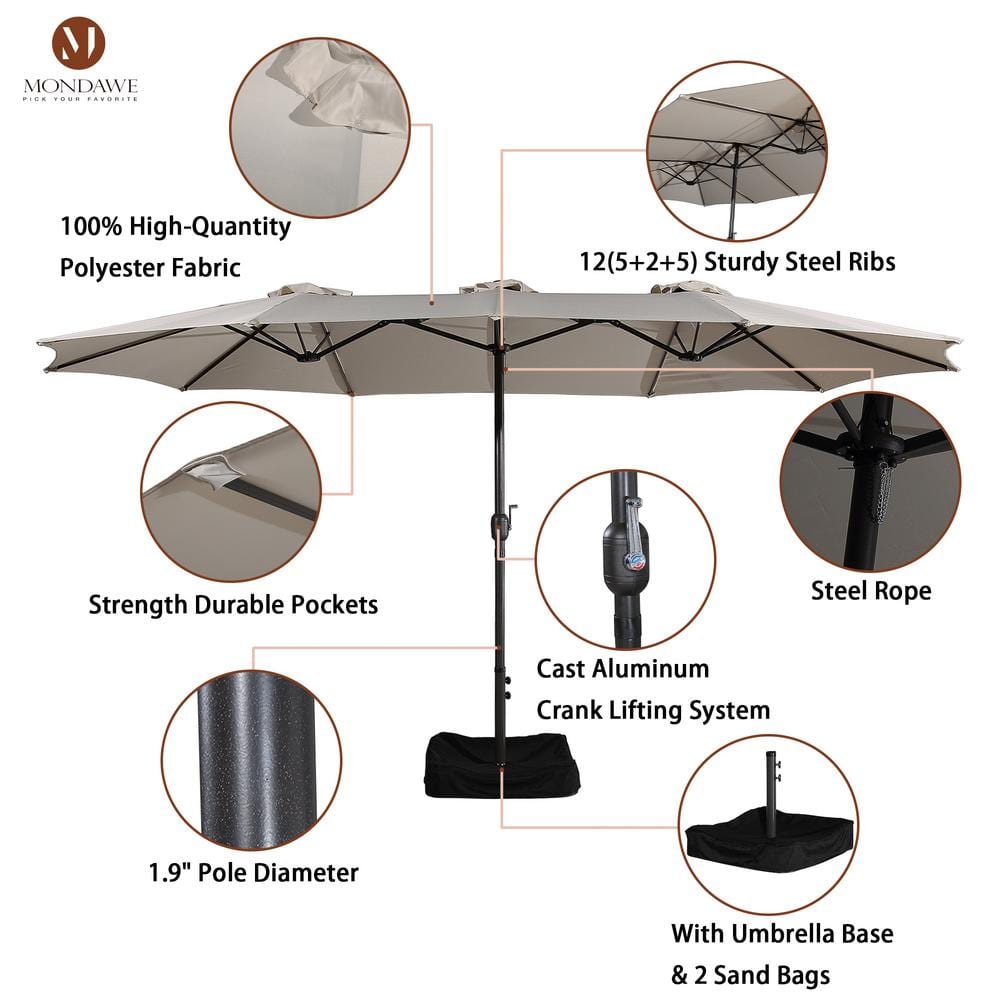 Beige 15-ft Steel Double-Sided Patio Umbrella with Base