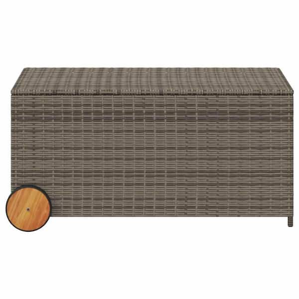 Saki 50.4 Gal. Gray Rattan Rectangular Outdoor Deck Box with Wood Wheels