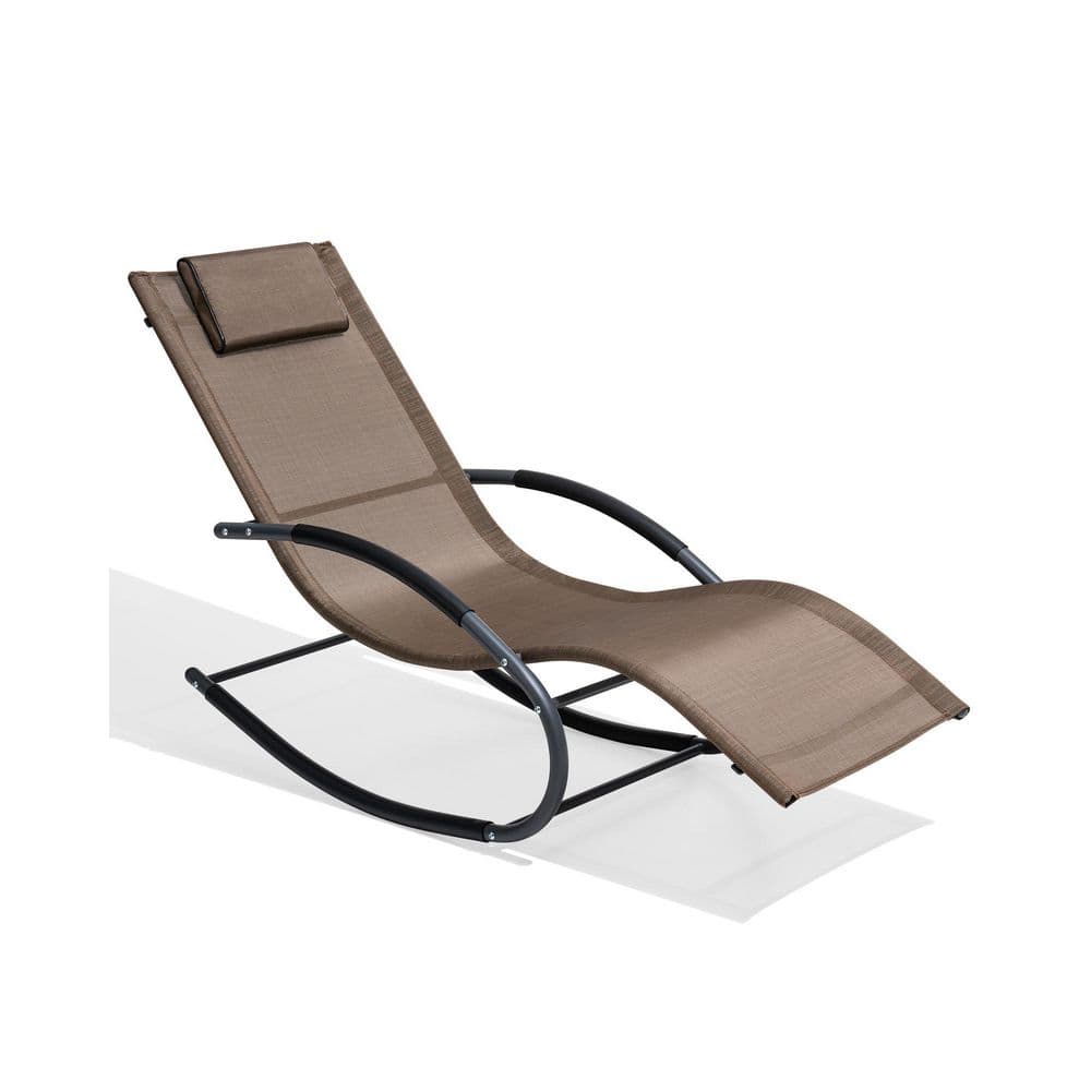 Brown Metal Frame Patio Rocking Chaise Lounge Chair with Texteline Sling Seat
