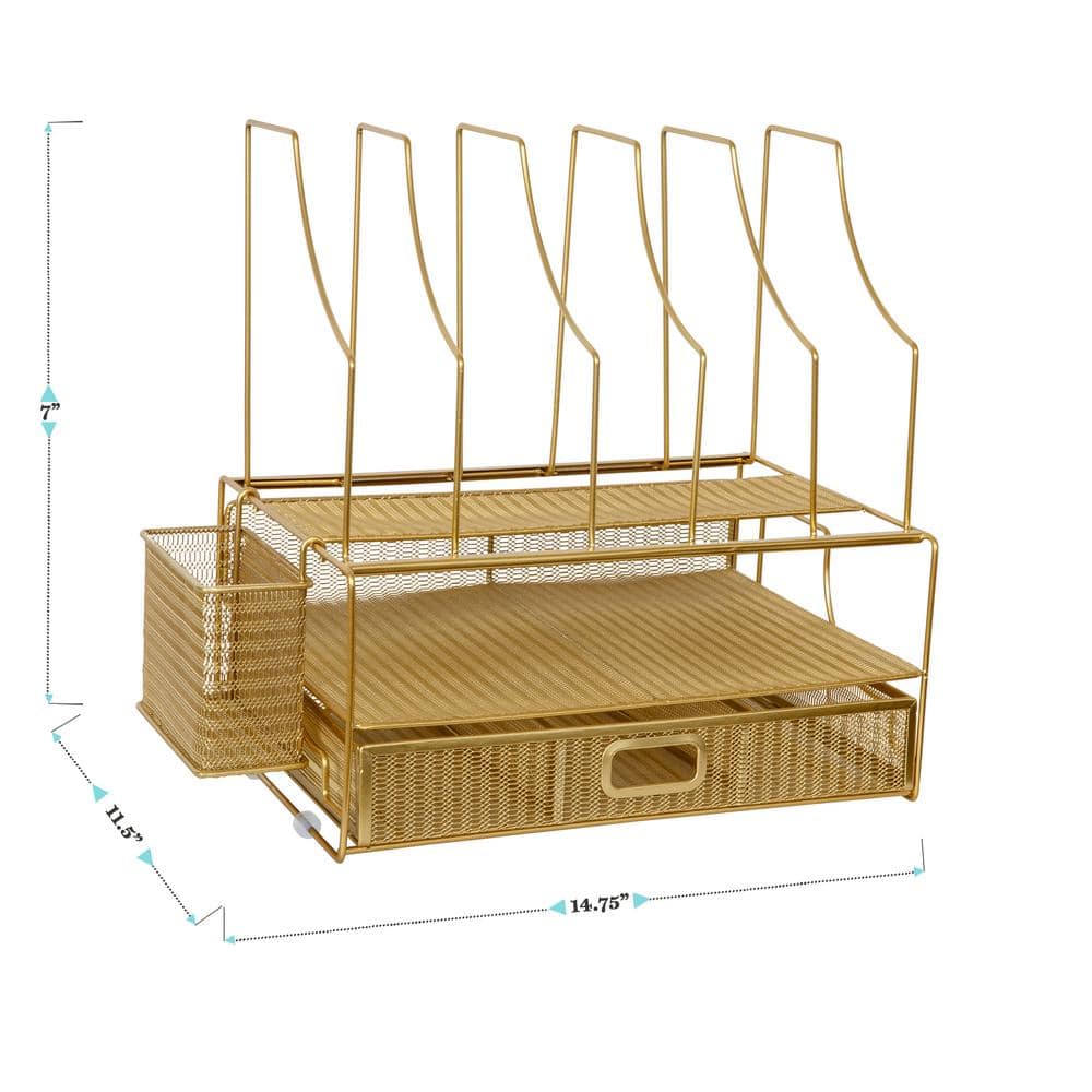 Gold Mesh Metal Large Desktop Organizer with Drawer and File Holder
