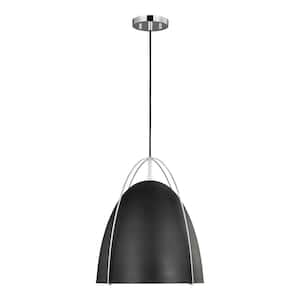 Norman 1-Light Chrome Large Hanging Pendant Light with Midnight Black Steel Shade