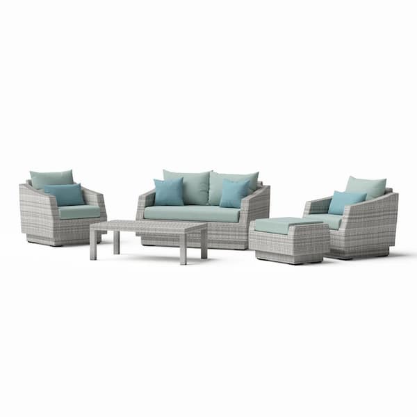 RST BRANDS Cannes 5-Piece All Weather Wicker Loveseat and Club Chair Patio Conversation Set with Sunbrella Spa Blue Cushions