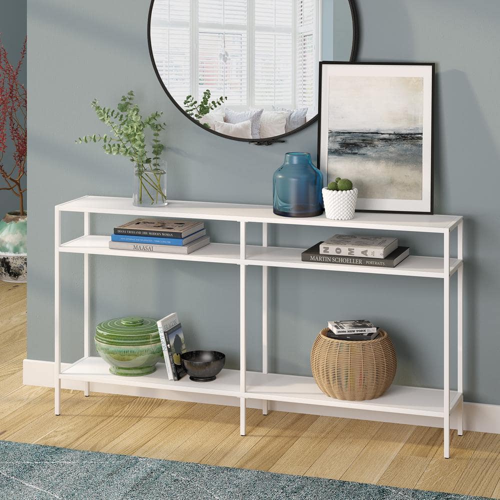 Modern Industrial Matte White Metal & Glass Console Table with Storage