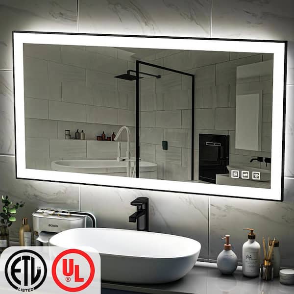 TOOLKISS 55 in. W x 30 in. H Rectangular Framed LED Anti-Fog Wall Bathroom Vanity Mirror in Black with Backlit and Front Light