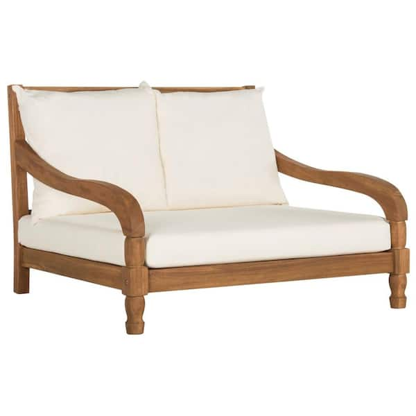 SAFAVIEH Pomona Teak Brown Outdoor Lounge Chair with Beige Cushion