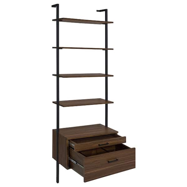 Owens 96 in. Tall Walnut and Sandy Black Wood 5-Shelf Ladder Bookcase with Drawers