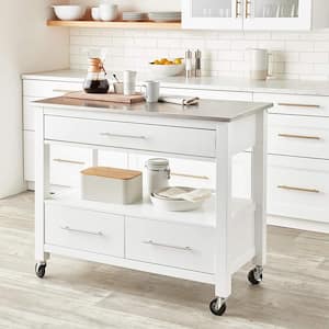 43 in. Wide White Modern Mobile Kitchen Island Cart Storage Cabinets Locking Wheels with Stainless Steel Top