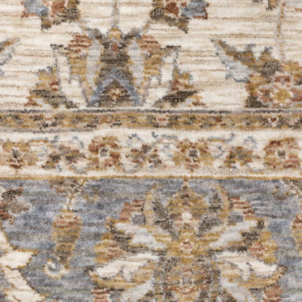 Ivory and Blue 2 ft. x 8 ft. Oriental Power Loom Stain Resistant Fringe with Runner Rug