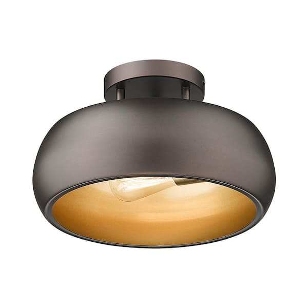 JAZAVA 13.8 in. 1-Light Oil Rubbed Bronze Semi-Flush Mount with Metal Shade and No Bulbs Included