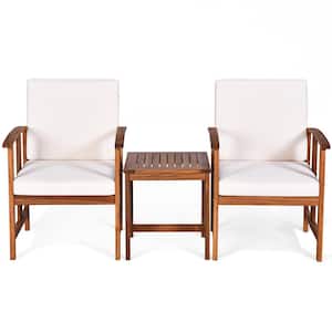 3-Piece Wood Sectional Patio Conversation Set Sofa with White Cushions