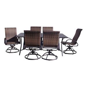 Santa Fe 7-Piece Aluminum Outdoor Dining Set in Java with 72 in. Rectangle Table and 6 Wicker Swivel Rockers
