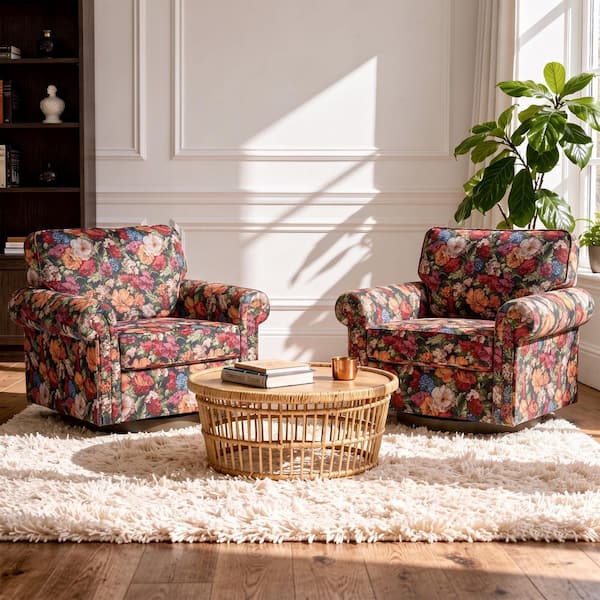 Uixe Black Floral Cotton Blend 360° Swivel Chair Accent Armchair Set of ...