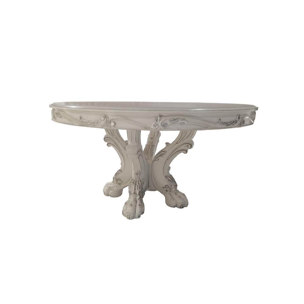 Bone White Round Wood and Glass Dining Table with Pedestal Base