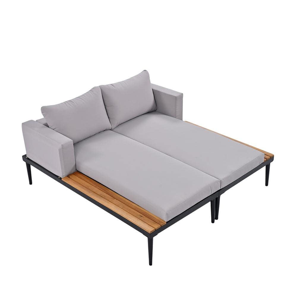 Metal Modern Outdoor Patio Day Bed with Wood Topped Side Spaces for Drinks,