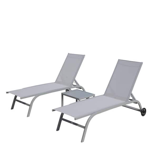Unbranded Grey Chaise Lounge Outdoor Lounge Chairs with Wheels and Table with 5-Adjustable Position, Pool Lounge Chairs (Set of 3)