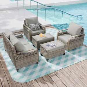 5-Piece Brown Wicker Outdoor Patio Conversation Set with Gray Cushions Loveseat, Swivel Rocking Chairs and Ottomans