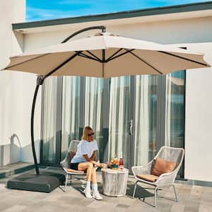 11 ft. L Outdoor Aluminum Curvy Cantilever Offset Hanging Patio Umbrella with Sandbag Base and Cover in Beige