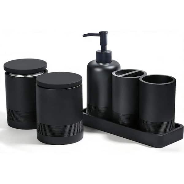 6-Piece Bath Accessory Set with Toothbrush Holders, Soap Dispenser, Vanity Tray and Cotton Swab Jars in Matte Black