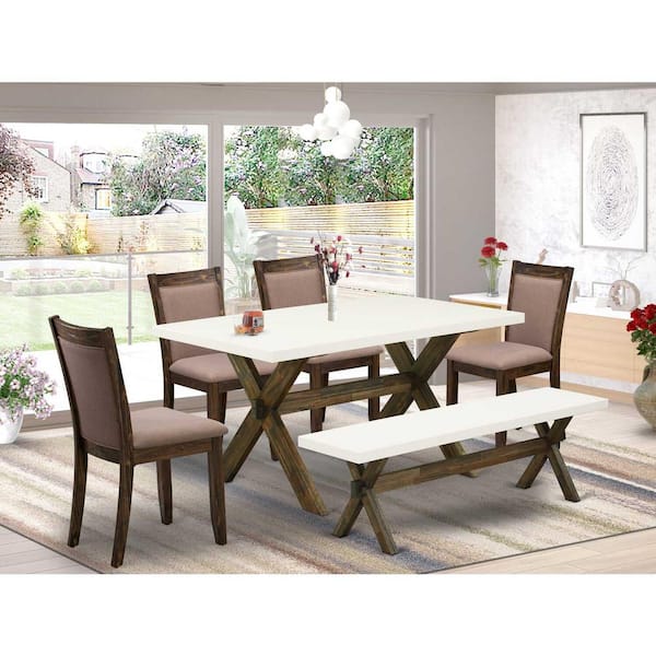 East West Furniture 6-Piece Rectangle Natural Oak Finish Solid Wood Top Dining Table with 1-Bench, 4-Chairs with Lattice Back