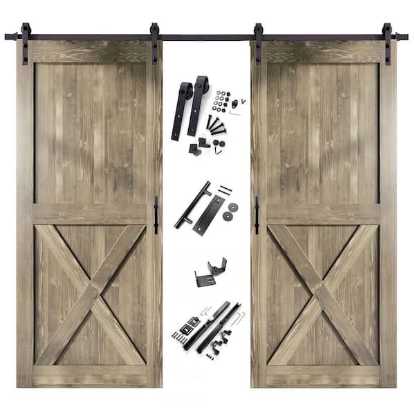 HOMACER 54 in. x 84 in. X-Frame Classic Gray Double Pine Wood Interior Sliding Barn Door with Hardware Kit, Non-Bypass