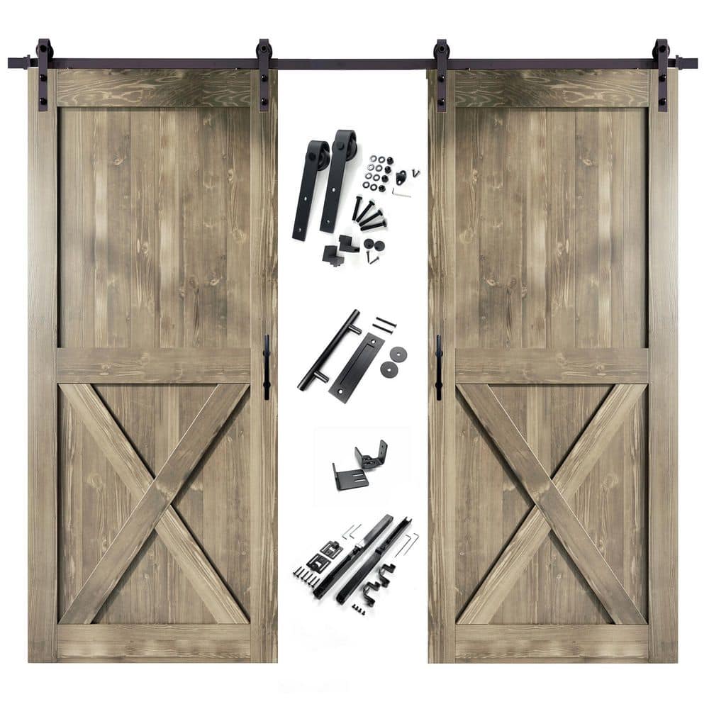 54 in. x 84 in. X-Frame Classic Gray Double Pine Wood Interior Sliding Barn Door with Hardware Kit, Non-Bypass price history on PriceWatchPro