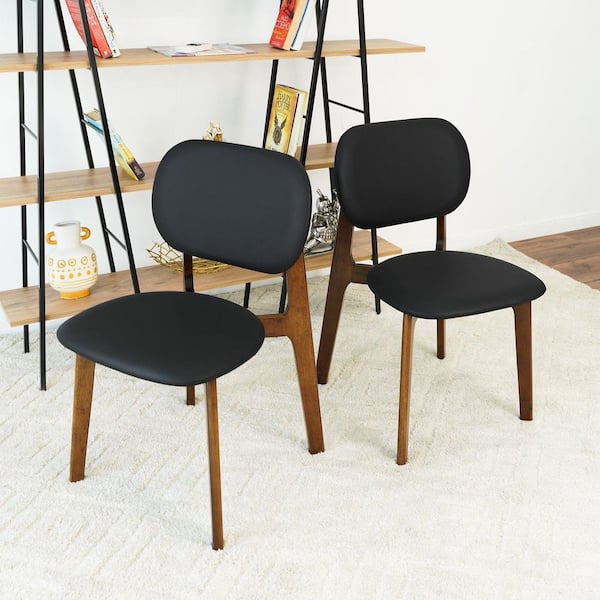 Linette Black and Brown Faux Leather Upholstered Dining Chair, Solid Wood Legs (Set of 2)