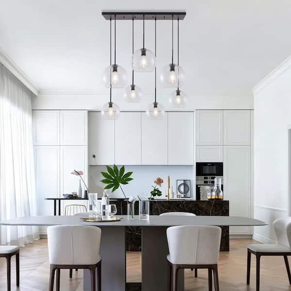 Reverso 7-Light 41.7 in.W Matte Black Waterfall Cluster Rectangler Large Modern Chandelier with 2-Size Globe Clear Glass