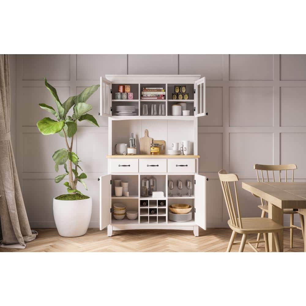 Off White China Cabinet with Natural Wood Top
