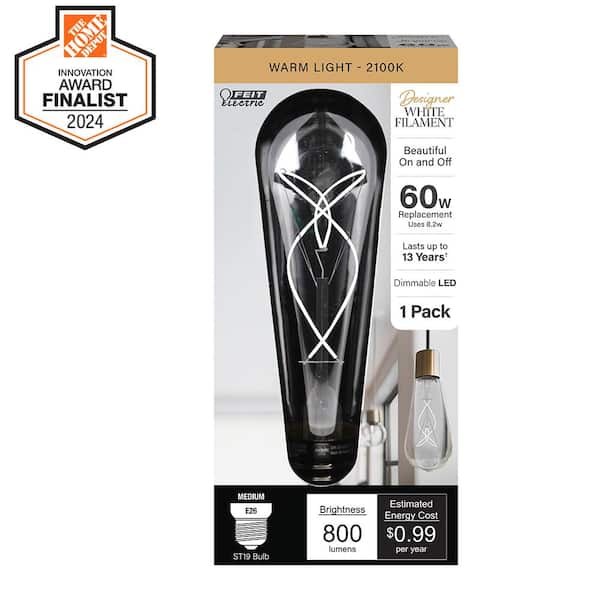 Feit Electric 60-Watt Equivalent ST19 Dimmable Knot Thin White Filament Clear Glass E26 Vintage Edison LED Light Bulb Warm White 2100K