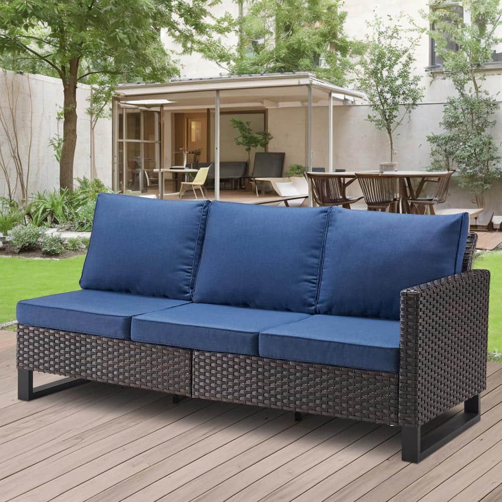 U-Weave Brown Wicker Left Arm 3-Seat Outdoor Sectional Sofa Patio Sofa with Navy Blue Cushion price history on PriceWatchPro
