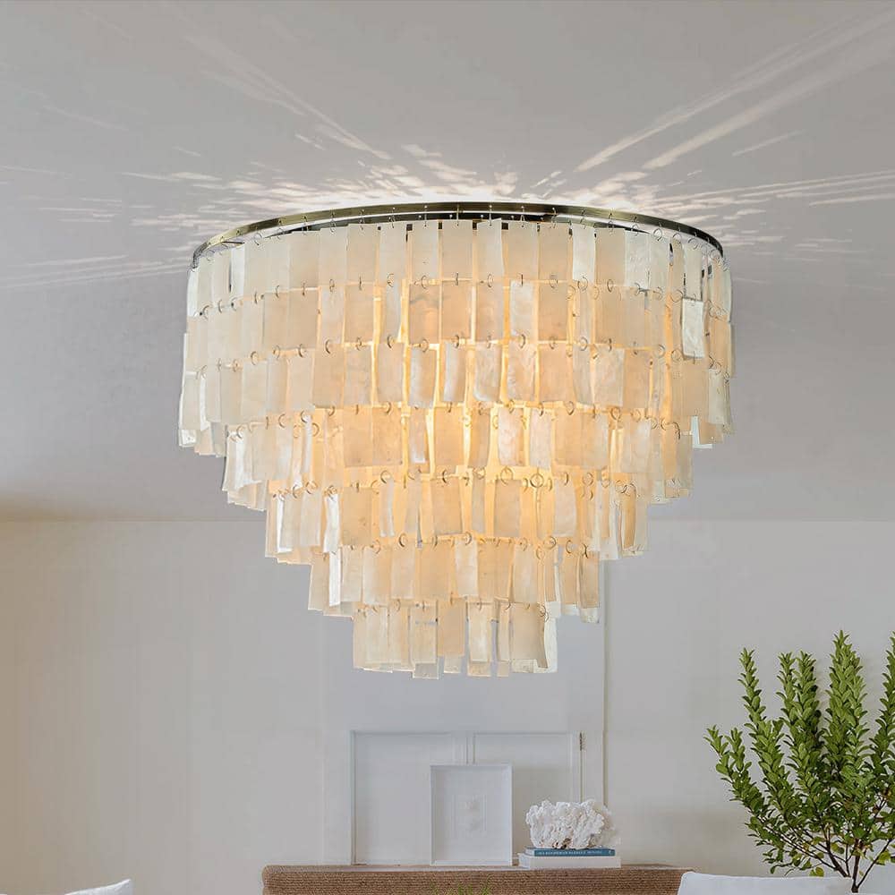 6-Light 26 in. Farmhouse Natural Coastal Capiz Seashells Flush Mount Ceilin